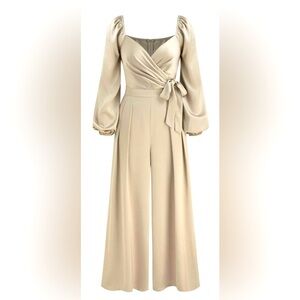 V-NECK SOLID WRAP PLEATED KNOTTED WIDE LEG JUMPSUIT